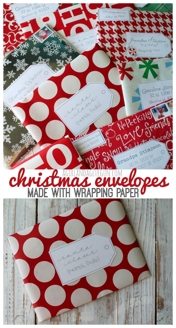 christmas envelopes made with wrapping paper on a wooden background and text overlay that reads, christmas envelopes made with wrapping paper