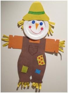 a paper plate with a scarecrow wearing a hat and overalls is hanging on the wall