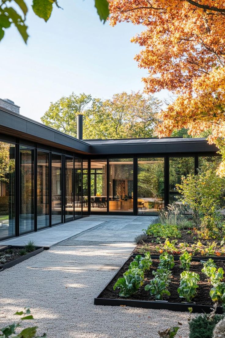 a modern house with glass walls and lots of plants in the front yard, surrounded by trees