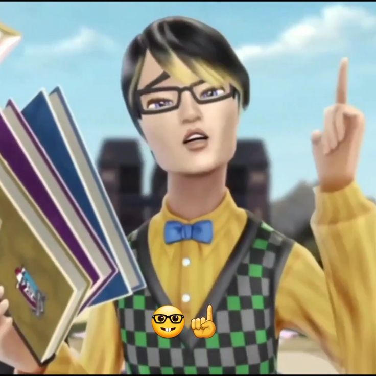 an animated image of a boy holding books and pointing to the side with his finger