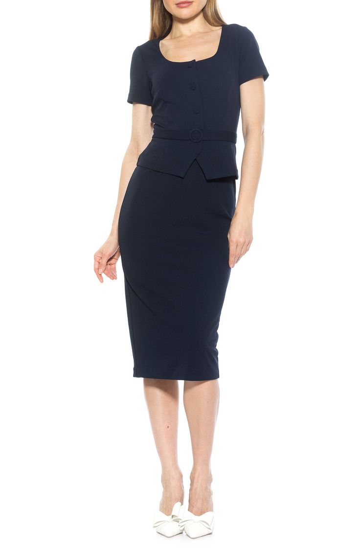 Exude polished style in a short-sleeve sheath dress fashioned with covered front buttons, a belted waist and an elegant peplum. 47 1/2" length (size X-Small) Exposed back-zip closure Scoop neck Short sleeves Partially lined 95% polyester, 5% spandex Machine wash, tumble dry Imported Classic Short Sleeve Belted Midi Dress, Belted Short Sleeve Midi Dress For Evening, Formal Short Sleeve Belted Dress For Spring, Classic Belted Dress With Short Sleeves, Elegant Fitted Short Sleeve Belted Dress, Semi-formal Short Sleeve Belted Midi Dress, Elegant Fitted Belted Dress With Short Sleeves, Elegant Knee-length Belted Dress With Button Closure, Chic Short Sleeve Belted Dress For Formal Events