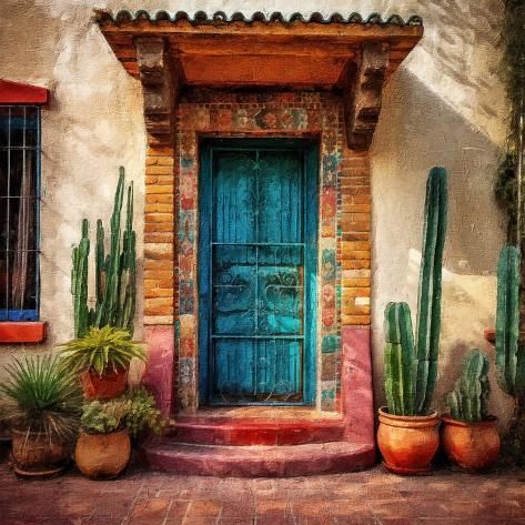 a painting of a blue door surrounded by cacti and succulents