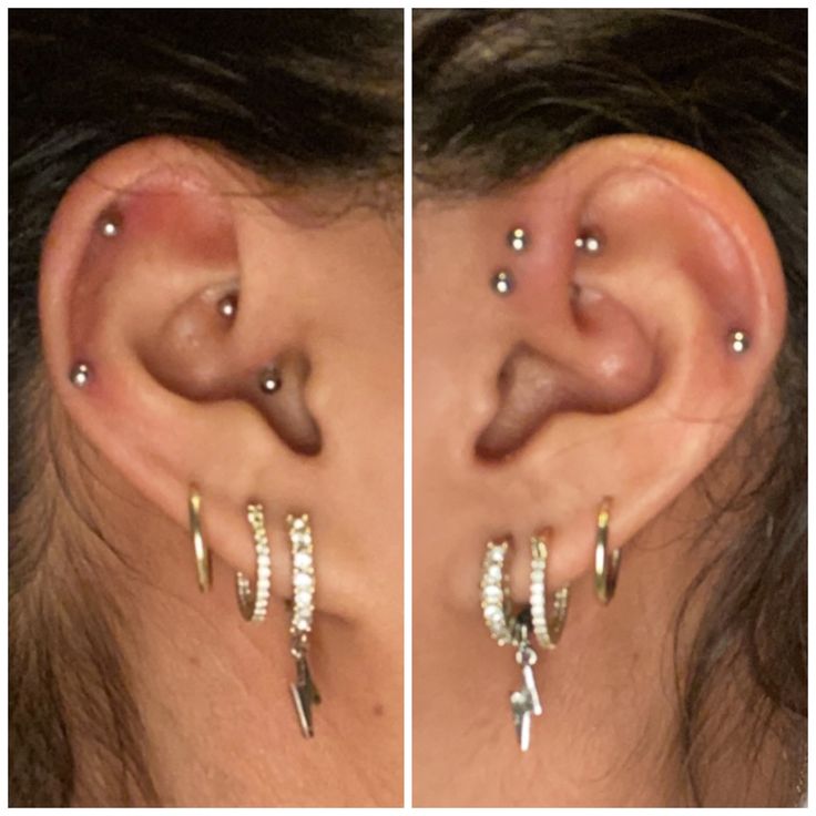 two pictures of the same person's ear with different piercings on each side