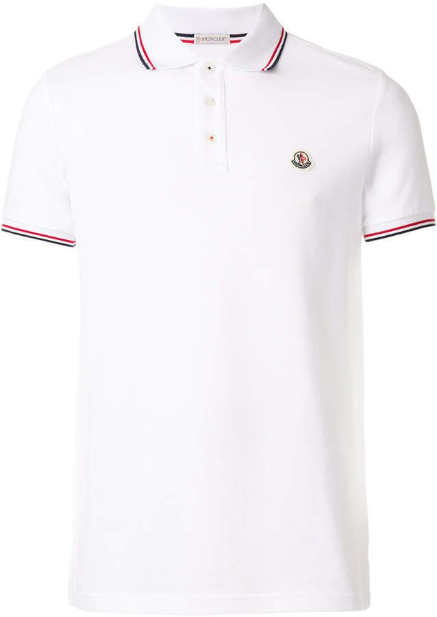 Moncler striped trim polo shirt Designer Collared Polo Shirt With Logo, Luxury Polo Collar Top With Logo Patch, Luxury Short Sleeve Polo Shirt With Logo Patch, Cotton Polo Shirt With Logo Patch, Classic Polo Shirt With Logo Detail, Polo Shirt White, Polo Shirts, Shirt White, Patch Logo