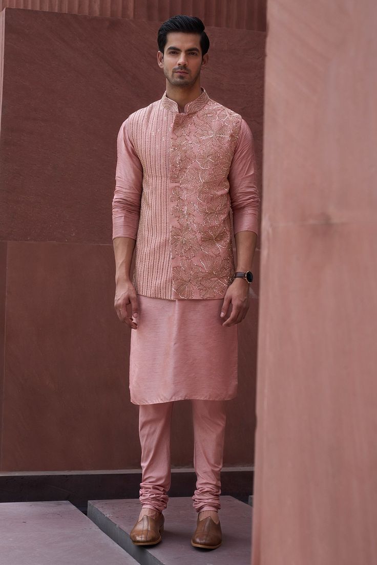 Pink Indian Outfit, Collar Kurta, Nehru Jacket For Men, Brothers Wedding, Indian Groom Wear, Pink Kurta, Kurta Cotton, Gents Kurta, Silk Pant