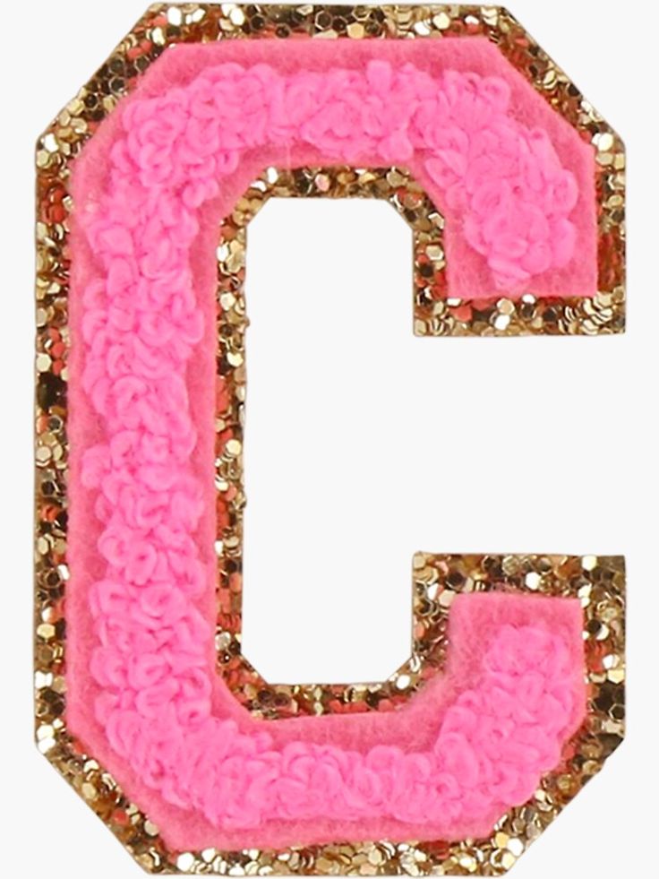 the letter c is decorated with pink and gold sequins