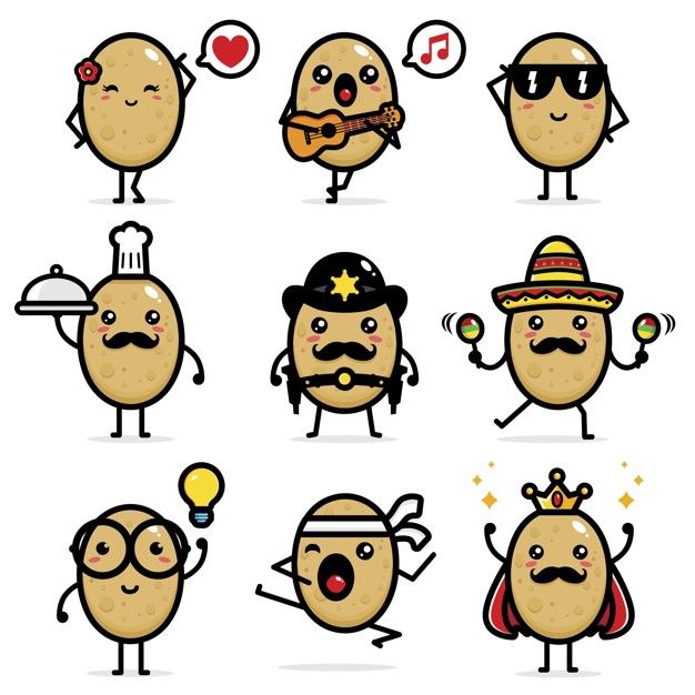 cartoon potato characters with different expressions, including hats and mustaches stock photo - budget conscious