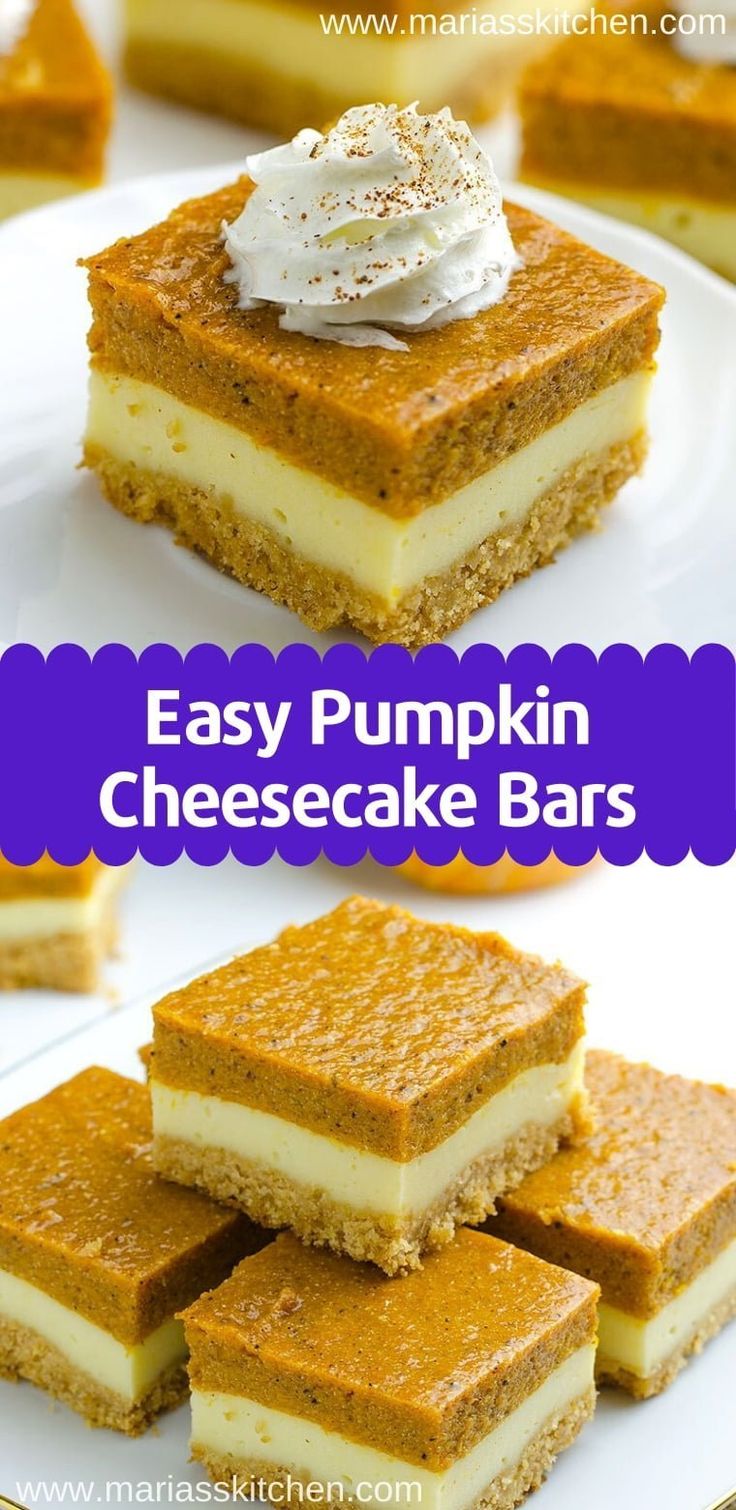 easy pumpkin cheesecake bars on a white plate with text overlay that says easy pumpkin cheesecake bars