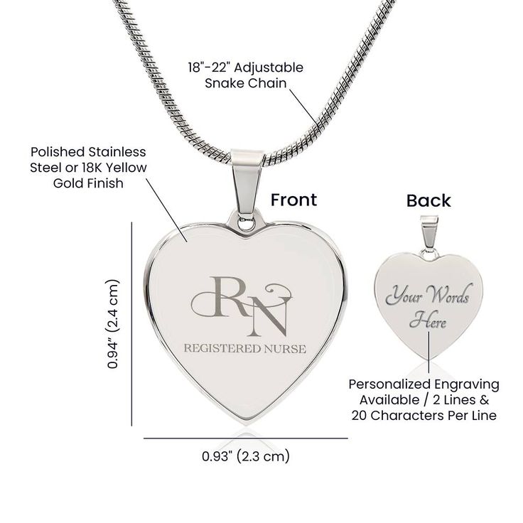 Surprise your loved one by giving them this sweet Engraved Heart Necklace! It's a classic and heartfelt jewelry piece that is sure be treasured. If the custom engraving option is available, you can choose to personalize onto the back of the pendant your loved one's name, a special date, or anything else you want to remember and keep you close to their heart. Each personalized piece offers exceptional craftsmanship that is fit to be an instant classic in your family.The Engraved Heart Necklace is attached to an adjustable snake chain, and made from high quality stainless steel, and is also available in an 18K yellow gold finish option. Product Specifications: Pendant size 0.9" x 0.94" (2.3cm x 2.4cm) 18"-22" Adjustable snake chain Lobster clasp attachment Polished stainless steel or 18K yel Customizable Stainless Steel Jewelry For Personalized Gifts, Customizable Stainless Steel Heart Pendant Jewelry, Personalized Stainless Steel Heart Pendant Jewelry, Personalized Stainless Steel Heart Pendant, Engraved Stainless Steel Nameplate Jewelry, Personalized Stainless Steel White Gold Necklace, Valentine's Day Laser Engraved Stainless Steel Jewelry, Personalized White Gold Charm Necklaces For Personalized Gift, Customizable Heart Necklaces For Anniversary