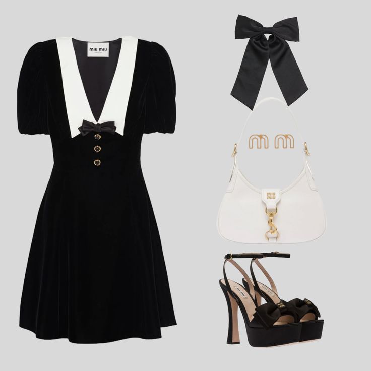 Miu Miu style inspo. Black and white. Obsessed with hair bows .🖤Style. What to wear. Fancy outfit. #fashionable #fashionista #stylish #style #dress #stylingtips #styleblogger Miu Miu Outfit Fashion Styles, Miu Miu Dresses, Elegant Black And White Outfits, Miu Miu Outfit Aesthetic, Black Dress White Bow, Miu Miu Bow Dress, Miu Miu Clothes, Miu Miu Aesthetic, Chic Fitted Miu Miu Dress