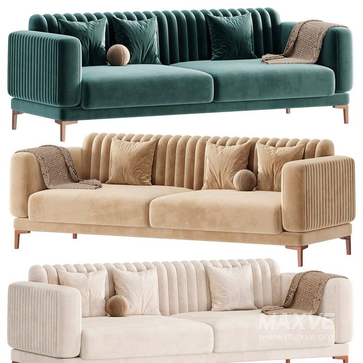 three different types of couches with pillows on them and one is blue, the other beige