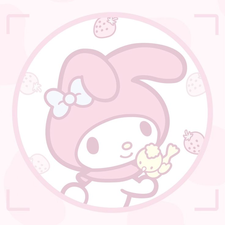 a pink hello kitty wallpaper with strawberries on the bottom and an image of a bunny holding a piece of food