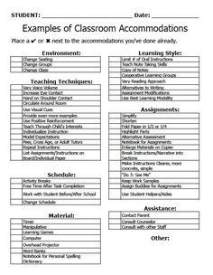 the classroom accommodations form is shown in black and white, with text that reads examples of classroom