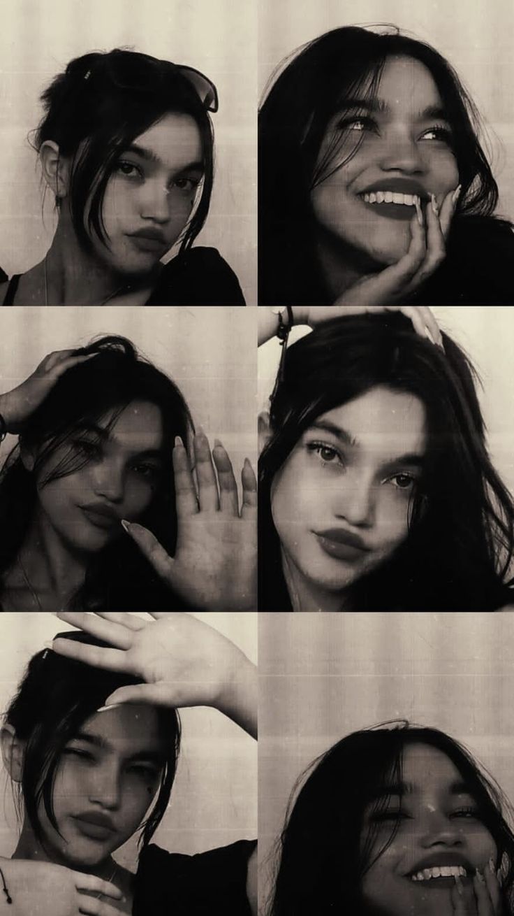 black and white photos of a woman with her hands on her face, posing for the camera