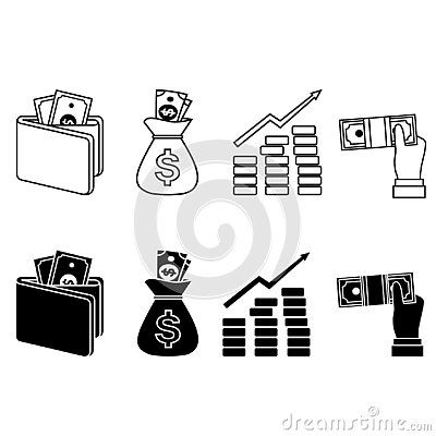 black and white business icon set with money bag, handbag, wallet, calculator