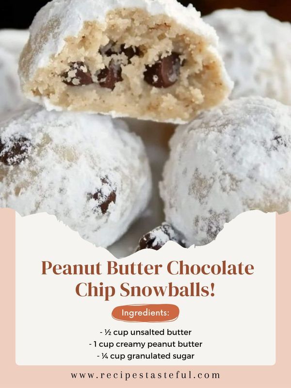 chocolate chip snowballs are stacked on top of each other with the words peanut butter chocolate chip snowballs