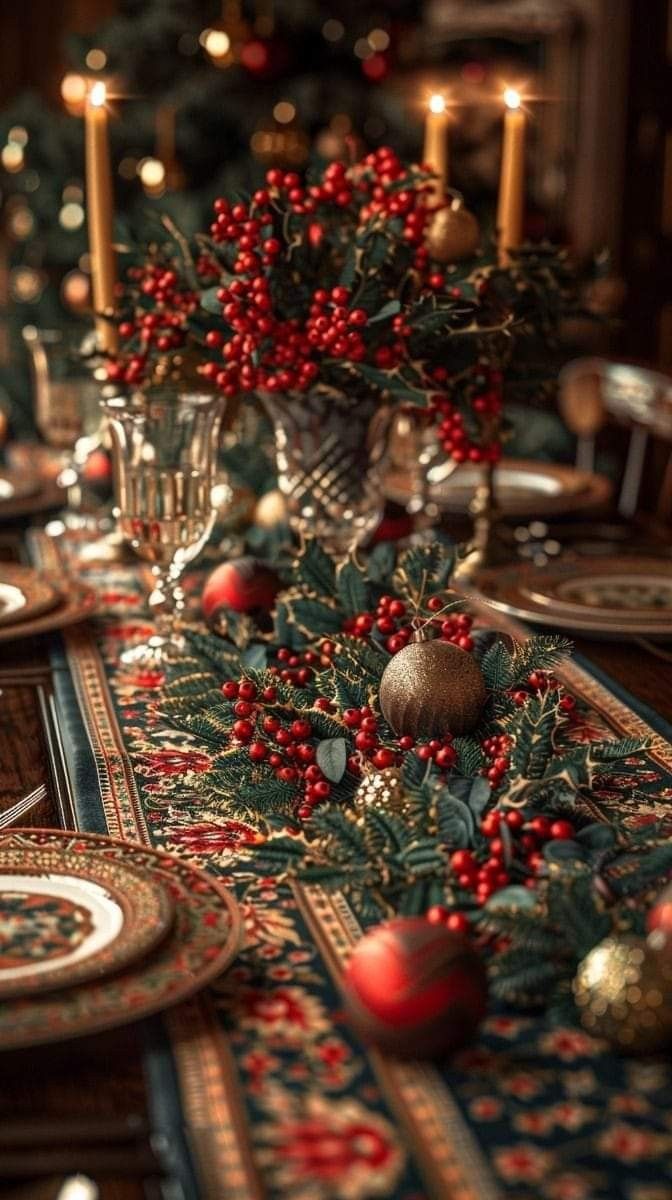 Traditional Christmas Table Centerpieces, Traditional Xmas Decor, Elegant Christmas Dining Table Decor, Red And Green Table Setting, Old Fashioned Christmas Table Decor, Fancy Christmas Dinner Table, Victorian Christmas Tablescape, Elegant Christmas Coffee Table Decor, Foyer Table Christmas Decorating Ideas