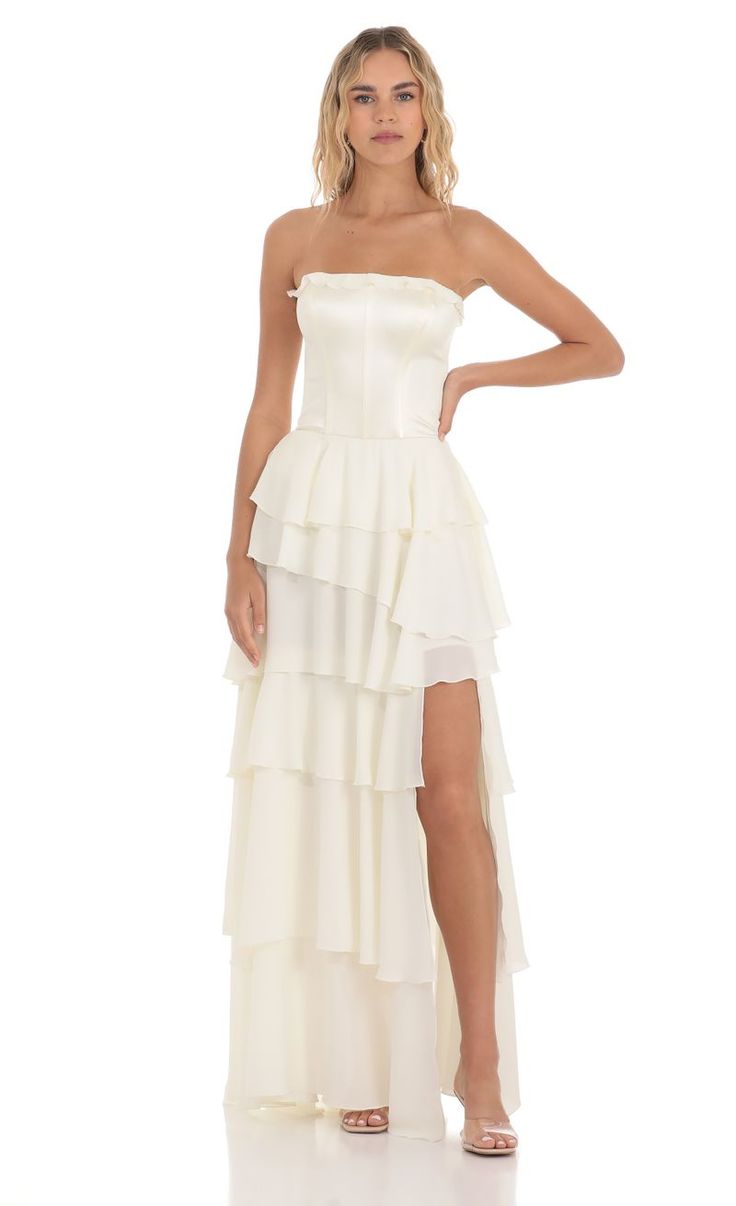 Corset Ruffle Strapless Maxi Dress in Cream | LUCY IN THE SKY Prom Dresses Flowy, White Formal Dresses, Cream Formal Dresses, Chifon Dress, Fancy White Dress, Long Ruffle Dress, Graduation Dresses White, Satin Ruffle Dress, White Ruffle Dress