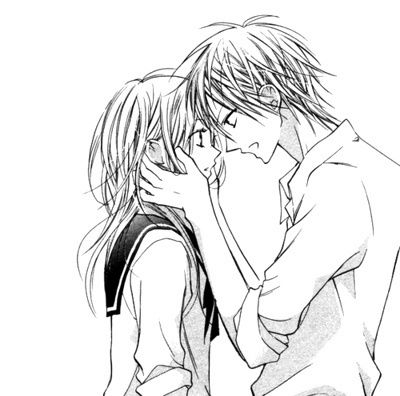 an anime couple kissing each other in front of a white background with black and white lines