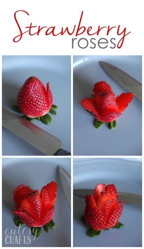 four pictures of strawberries being cut into small flowers with a knife on the side