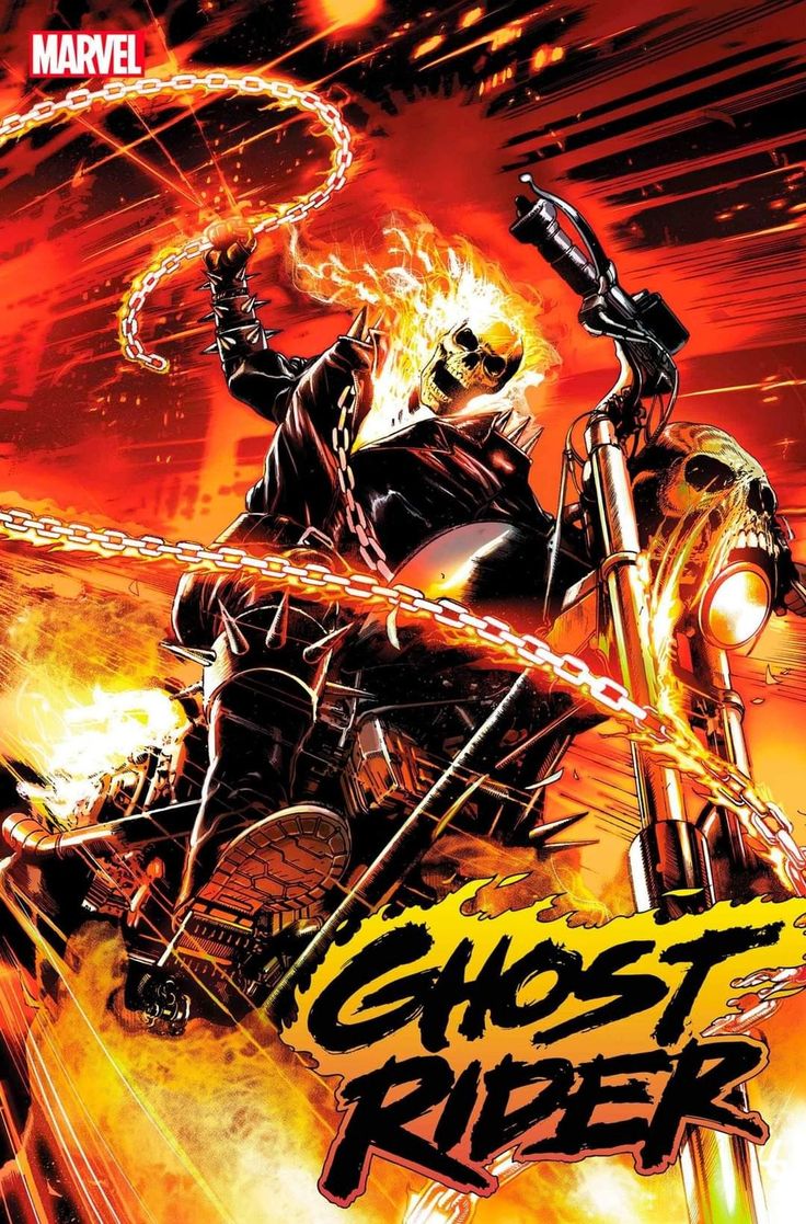 the cover to ghost rider, featuring a man on a motorcycle with chains around his neck