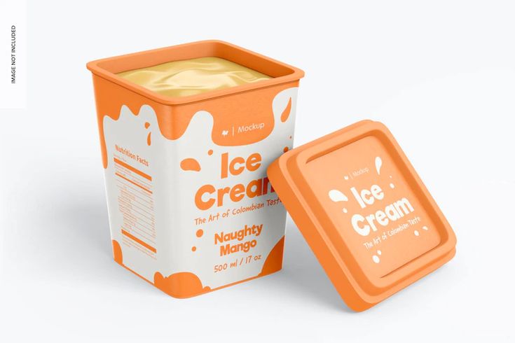 an orange and white ice cream container with the lid open next to it's box