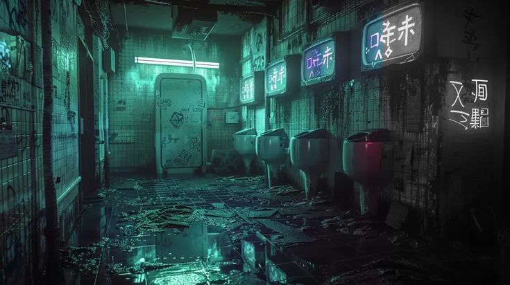 a dark hallway with urinals and neon signs on the walls in an abandoned building