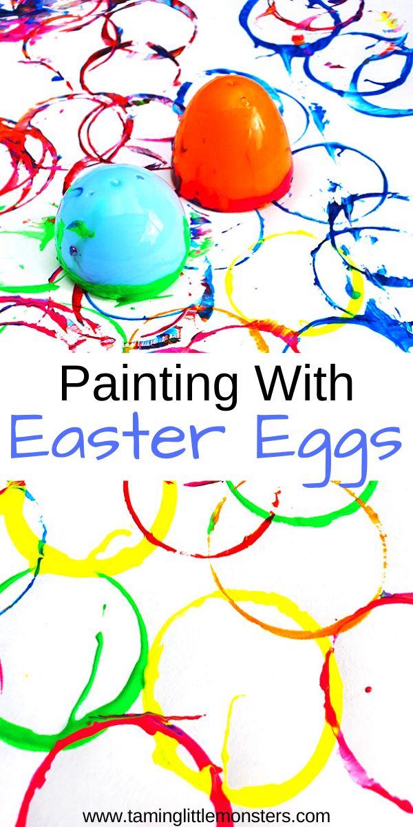 an easter egg painting with colorful paint on the ground and text overlay that reads, painting with easter eggs