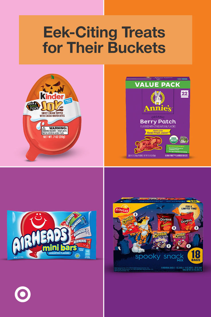 four different types of snacks with the words eek - citing treats for their buckets