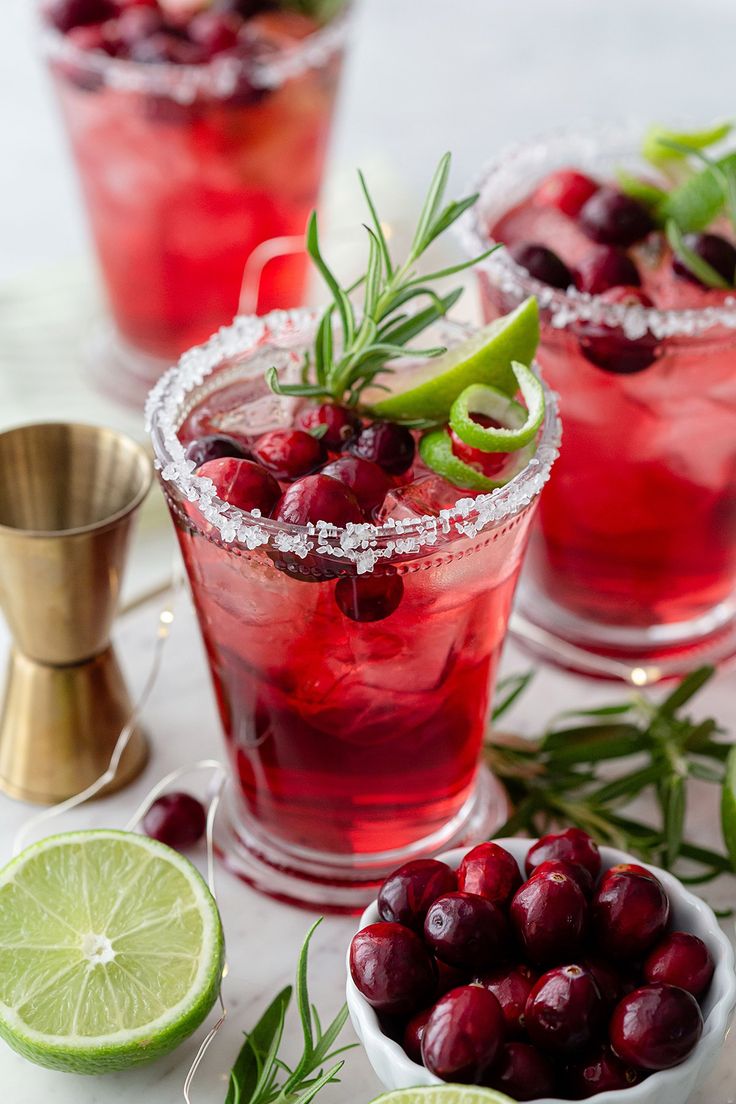 two glasses filled with cranberry margaritas and garnish