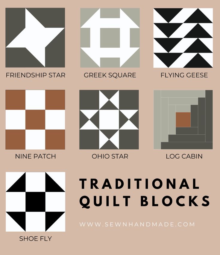 the traditional quilt blocks pattern is shown in different colors and sizes, including black, white,