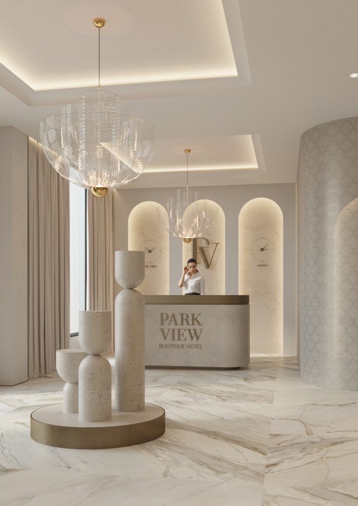 an elegant lobby with chandeliers and marble floors, white walls and flooring