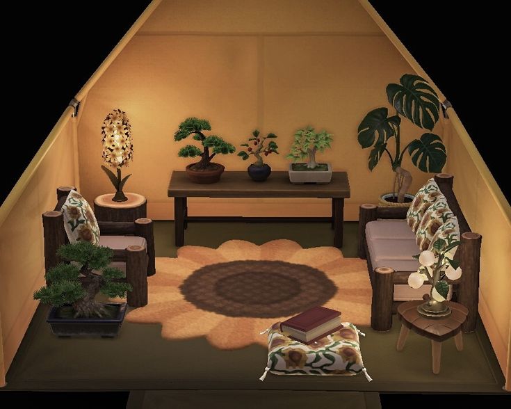 a living room filled with lots of furniture and potted plants on top of a rug