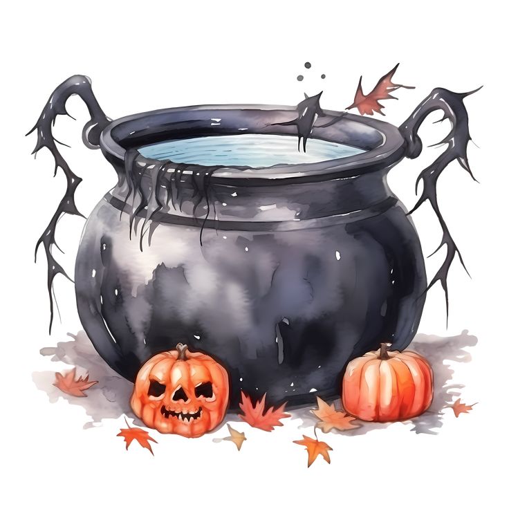 a black pot with water and pumpkins on the ground