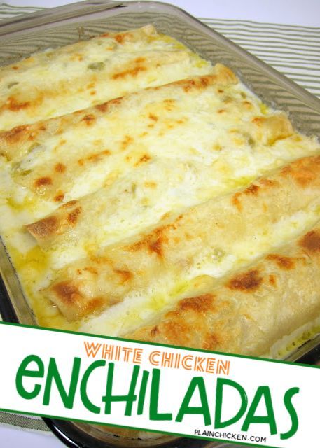 an enchiladas in a plastic container with the words white chicken enchiladas on it