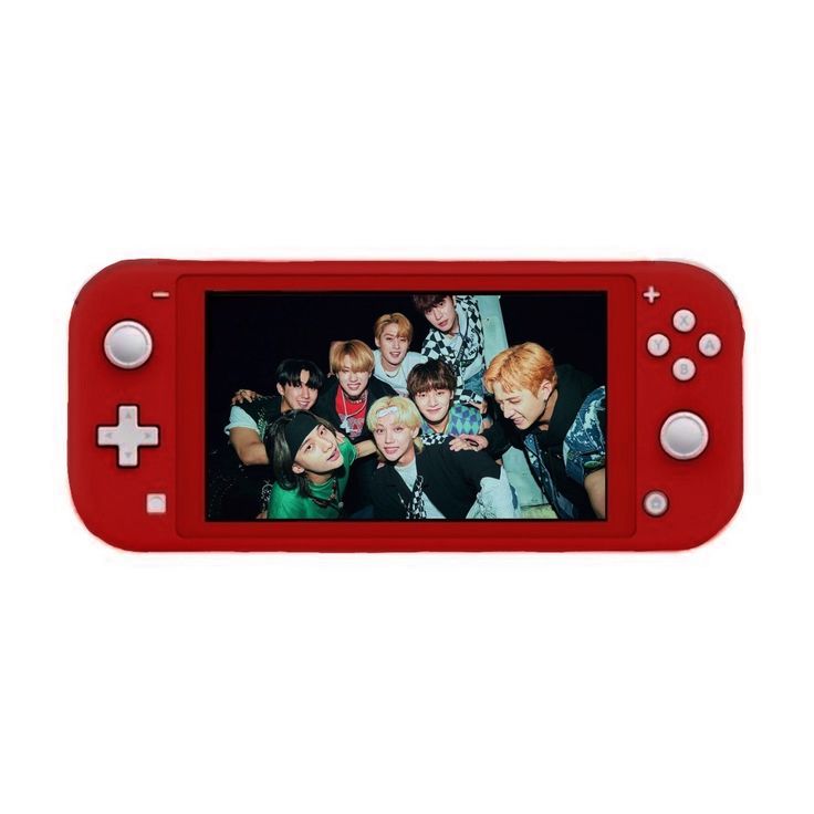 a red nintendo wii game console with an image of some people on it