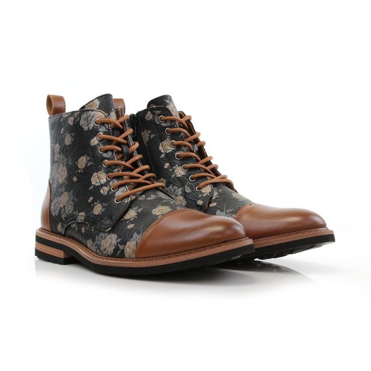 Orchid Brown High-Top Boot | BROOKE | Main View | Polar Fox | Conal Footwear Brown Floral Print Boots For Fall, Fall Floral Print Boots With Round Toe, Winter Floral Print Boots, Casual Floral Print Boots With Round Toe, Casual Winter Boots With Floral Print, Casual Floral Print Round Toe Boots, Casual Ankle-high Boots With Floral Print, Boot For Men, Dress Boot