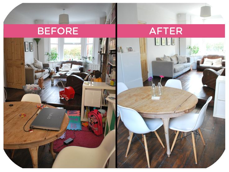 before and after pictures of a living room, dining room and kitchen area with wood flooring