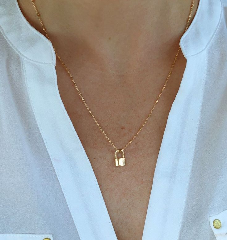 Gold Necklace Dainty, Sideways Initial Necklace, Dainty Initial Necklace, Padlock Necklace, Tarnished Jewelry, Lock Necklace, Gold Filled Necklace, Gold Bond, Layered Necklace Set