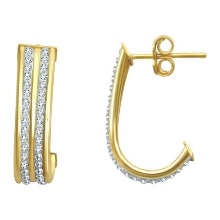 Brilliance Fine Jewelry 14K Gold Plated Sterling Silver 2 Row Crystal J Hoop Earrings. Classic J Shaped Hoops with glittering crystals are one of those WOW! Jewelry Items that every Beautiful Female would love to wear in parties and as casual wear. These stunning J shaped Hoops are studded with Genuine Austrian Crystals and are crafted in 14K Gold Plated Sterling Silver. This design is a perfect blend of style and simplicity and suitable for everyday wear.14K Gold plated jewelry gives the exact outward appearance of fine gold jewelry, without the crazy cost! And on top of that it retains the golden-luster for a considerably longer time. 14K Gold Plated Sterling Silver product is a fantastic alternative to expensive karat gold jewelry products. Hi-tech Stamping and Tubing Production Mechani Gold Channel Set Hoop Earrings For Anniversary, Gold Hoop Diamond Earrings Channel Set, Gold Small Hoop Earrings With Channel Set, Gold Channel Set Hoop Earrings Gift, Gold Hoop Earrings Channel Set As Gift, Gold Channel Set Earrings For Gift, Gold Small Hoop Diamond Earrings Channel Set, J Hoop, 14k Gold Plated Jewelry