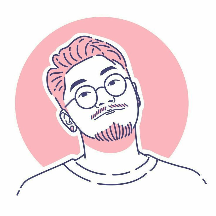 a drawing of a man with glasses on his head and pink circle in the background