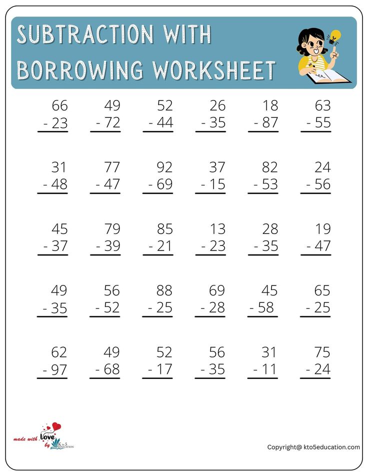 Subtraction With Borrowing Worksheet For Kids | FREE Subtraction With Borrowing, Math Subtraction Worksheets, Class 1 Maths, Worksheet For Class 2, Worksheets For Class 1, Self Esteem Worksheets, Math Subtraction, Addition And Subtraction Worksheets, First Grade Worksheets