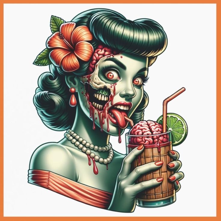 a woman holding a drink with blood dripping from her mouth and wearing a flower in her hair