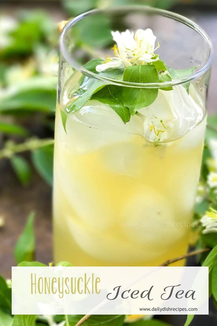 a glass filled with ice tea sitting on top of a table next to green leaves