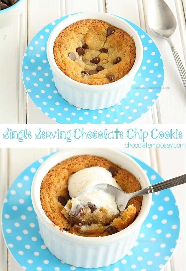 two pictures of chocolate chip cookie pudding in blue and white dishes with ice cream on top