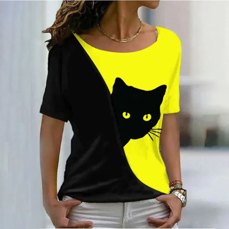 Show Your Purr-sonality Calling all cat enthusiasts! Show off your feline affection every day with our Vibrant Casual Funny Cat T-Shirts. Ideal for those lazy summer days or cozy winter vacations, these tees are made from a soft, stretchy blend of cotton, polyester, and spandex. The fabric is easy-care, ensuring it won't shrink or fade, keeping your favorite shirt looking fresh and vibrant. Featuring a comfortable oval boat neck and short sleeves, these tees come in an array of contrasting color Casual Summer Tops With Cat Print, Casual Summer Cat Print Tops, Casual Cat Print Top For Summer, Black T-shirt With Cat Print For Summer, Casual Fitted T-shirt With Cat Design, Summer Cat Print Crew Neck Top, Fitted Summer T-shirt With Cat Print, Summer Fitted T-shirt With Cat Print, Fitted Cat Print T-shirt For Summer