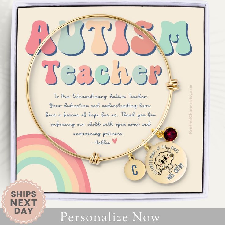 This Personalized Autism Teacher Bracelet a thoughtful token of appreciation for the educators who make a difference every day. This beautifully crafted bracelet comes complete with a custom notecard, adding a personal touch message of gratitude. Adorned with a birthstone and mini-disc charm. Ideal for Teacher Appreciation Week, Teacher's Day, or as a special gesture for the first day or end of the school year, this bangle is a heartfelt way to show your admiration. Grab Your Autism Teacher Appr Teacher Bracelet, Sped Teacher, Beacon Of Hope, Spokane Wa, Teacher Appreciation Week, Name Bracelet, Teacher Appreciation Gifts, Teacher Appreciation, Bracelet Gift