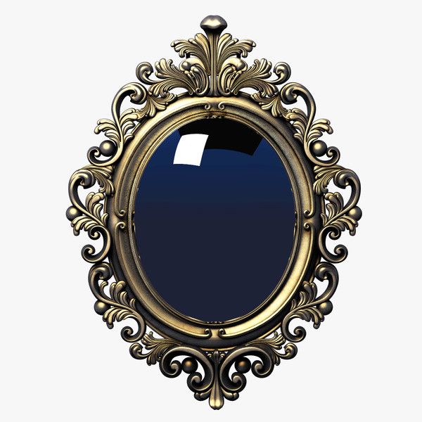 an ornate gold frame with a blue mirror on the front and bottom corner, as well as a white background