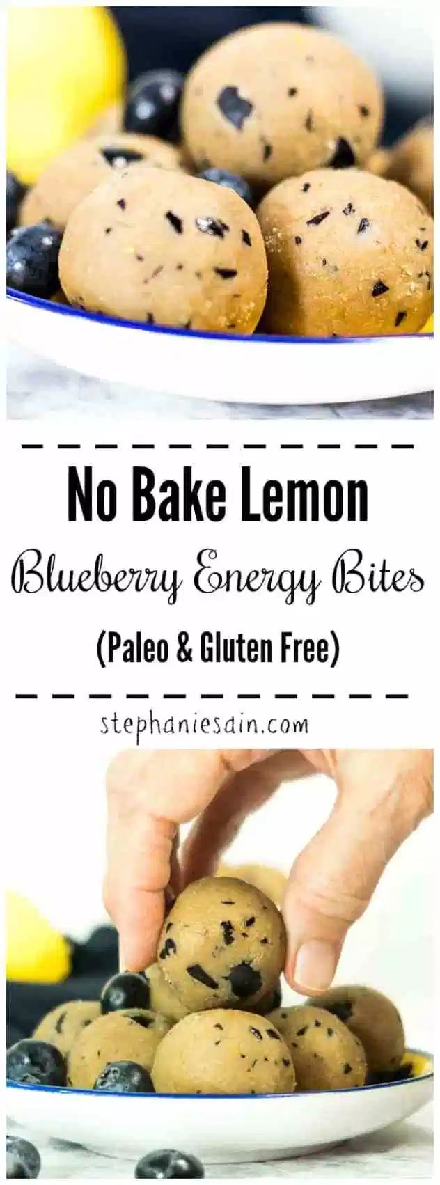 no bake lemon blueberry energy bites recipe on a plate with the title above it