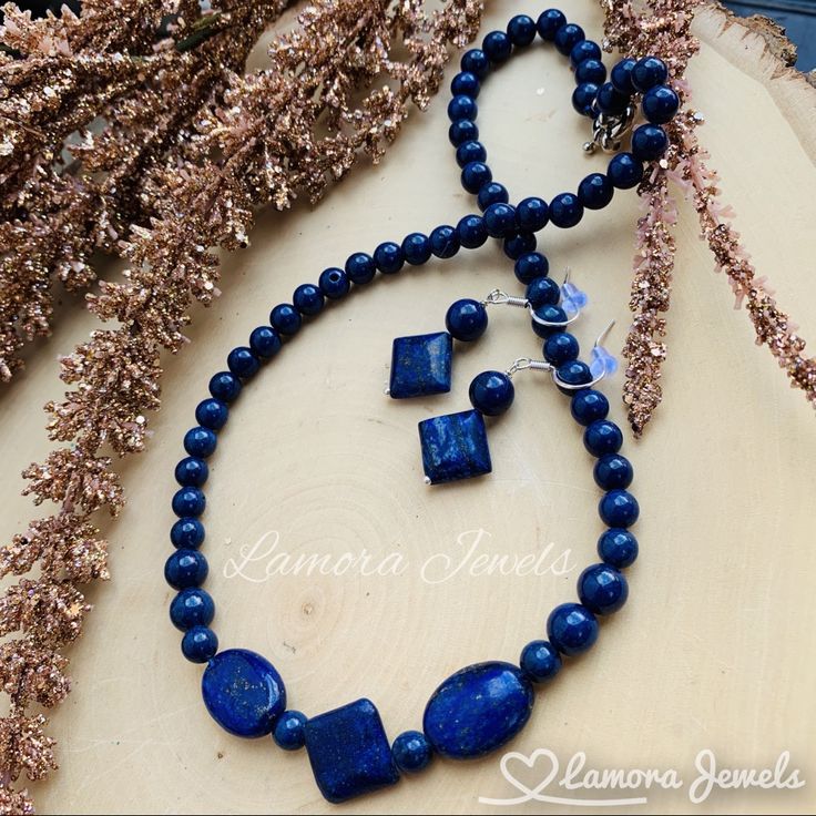 Handmade Jewelry Set Made With Genuine Egyptian Royal Blue Lapis Lazuli Gemstone Oval , Round And Diamond Shape Natural Beads Necklace Length 18” Inches Earrings Made With 925 Sterling Silver Ear Wire Hooks It Comes In Velvet Jewelry Pouch And Small Box Ready To Be A Special Gift Vintage, Stone, Real, Healing, Crystals, Classic, Boho, Christmas Blue Gemstone Jewelry Set For Gift, Blue Gemstone Jewelry Sets For Gifts, Sapphire Gemstone Jewelry Set As Gift, Sapphire-colored Lapis Lazuli Round Beaded Jewelry, Sapphire Colored Lapis Lazuli Round Bead Jewelry, Elegant Blue Gemstone Beads Jewelry, Blue Round Earrings With Gemstone Beads, Sapphire Jewelry With Matching Earrings For Gift, Blue Jewelry Sets With Round Beads As A Gift